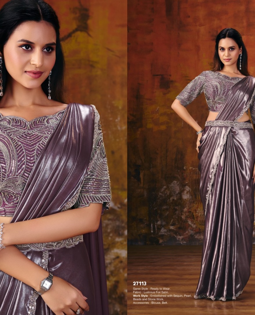 27113 - Deep Purple Embroidered Wedding Party Designer Saree